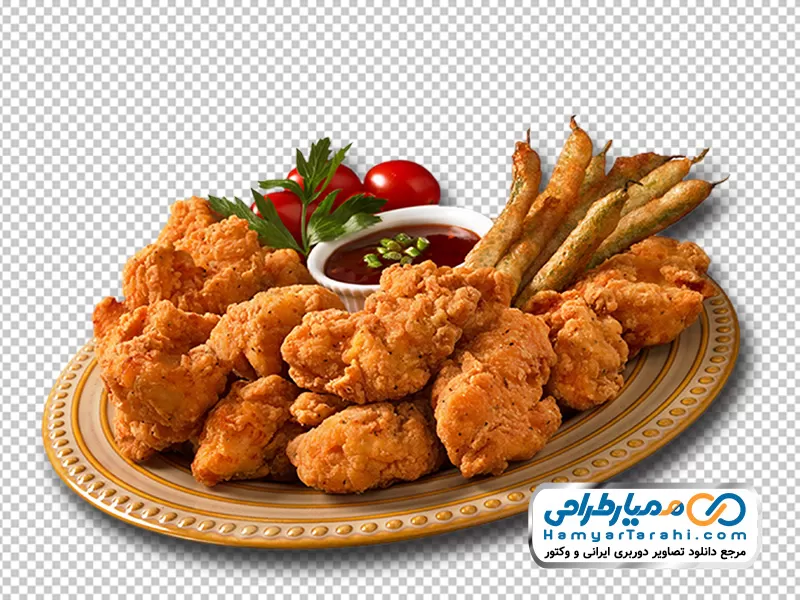 دوربری بشقاب کنتاکی و سیب سرخ کرده تصویر با کیفیت بشقاب کنتاکی و مرغ سوخاری