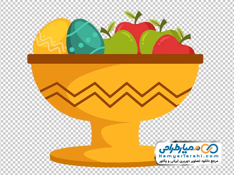 تصویر png ظرف سیب و تخم مرغ رنگی دوربری ظرف سیب و تخم مرغ رنگ شده سفره هفت سین