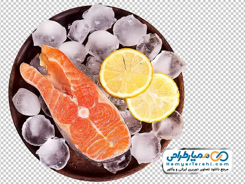 تصویر با کیفیت ماهی نپخته روی یخ دانلود تصویر برش ماهی خام روی یخ
