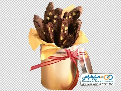 تصویر با کیفیت کیک شکلاتی برش خورده در قوطی فلزی