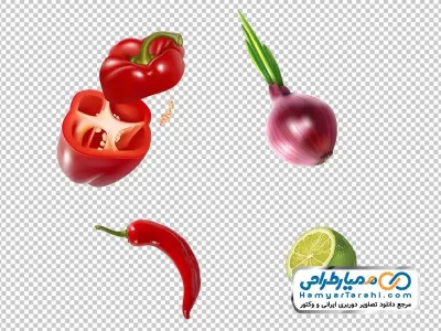 تصویر png سبزیجات پراکنده (پیاز، فلفل دلمه، فلفل چیلی و لیمو ترش)