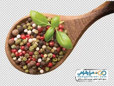 عکس png مخلوط دانه های فلفل در قاشق چوبی