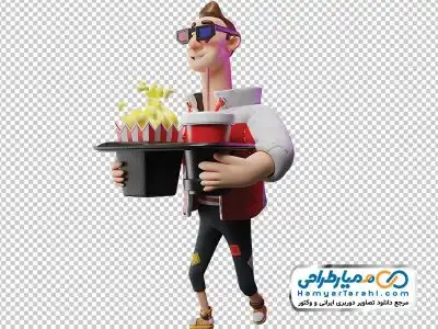 تصویر مرد با عینک سه بعدی و پاپ کرن