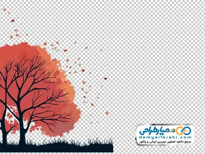 عکس png درخت پاییزی با برگ های نارنجی پراکنده در باد