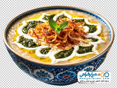 تصویر با کیفیت حلیم با تزئین پیاز داغ و نعنا داغ در کاسه سنتی آبی