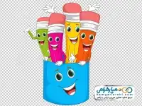 تصویر کارتونی مداد رنگی در جامدادی