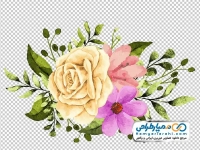 تصویر با کیفیت شاخه گل رز و کتان با برگ های سبز به سبک آبرنگی