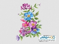 تصویر دوربری شده دسته گل آبرنگی آبی و بنفش با برگ های سبز
