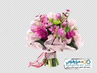 تصویر دوربری شده دسته گل صورتی با روبان قرمز