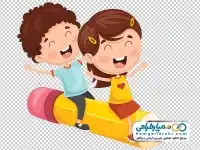 نقاشی دختر و پسر نشسته روی مداد