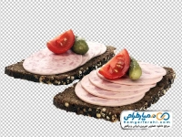تصویر png ورق های کالباس و گوجه روی نان