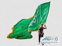 تصویر با کیفیت مرد در پیاده روی اربعین با پرچم سبز بزرگ