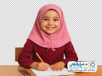 تصویر png دختر دبستانی پشت میز مدرسه