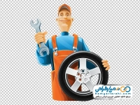تصویر وکتوری تکنسین آپاراتی با لاستیک و آچار در دست