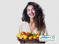دانلود عکس دیجیتالی دختر جوان با ظرف میوه