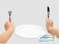 عکس با کیفیت کارد و چنگال در دست با بشقاب خالی