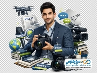 تصویر png مرد خبرنگار با دوربین و تریبون