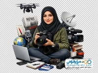 تصویر png خانم خبرنگار با دوربین و تریبون
