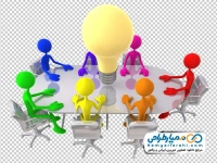 تصویر وکتوری آدمک های سه بعدی دور میز با لامپ بزرگ