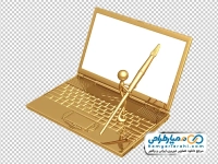 عکس وکتوری آدمک سه بعدی با قلمو در دست روی لپ تاپ